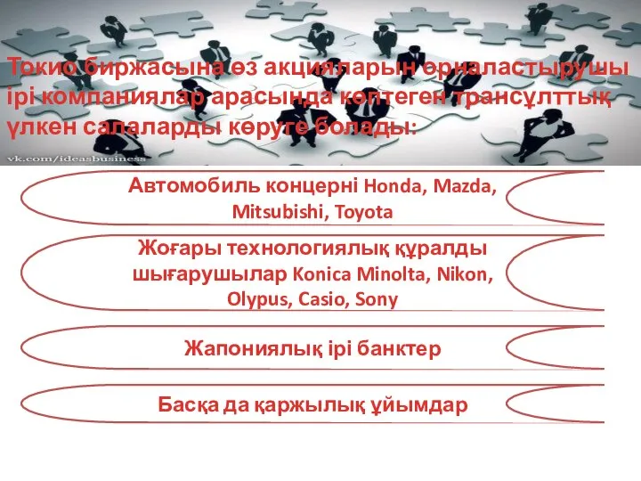 Токио биржасына өз акцияларын орналастырушы ірі компаниялар арасында көптеген трансұлттық үлкен салаларды