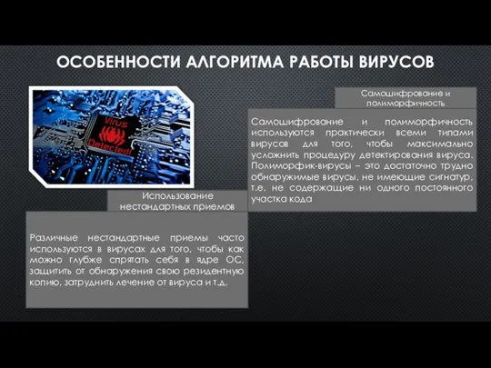 ОСОБЕННОСТИ АЛГОРИТМА РАБОТЫ ВИРУСОВ Самошифрование и полиморфичность Самошифрование и полиморфичность используются практически