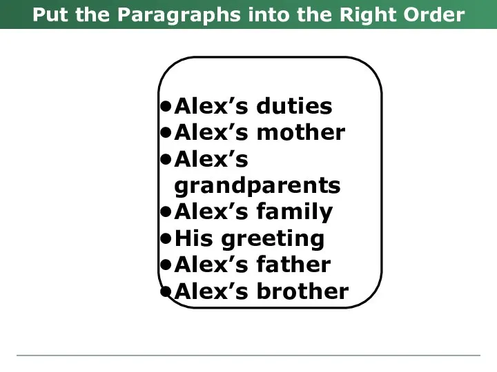 Alex’s duties Alex’s mother Alex’s grandparents Alex’s family His greeting Alex’s father