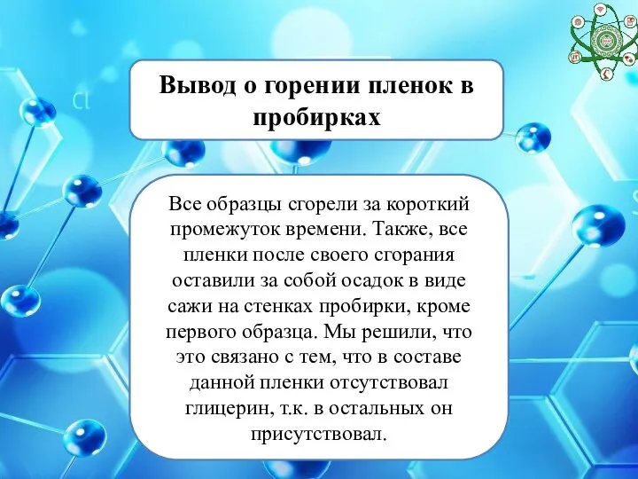 Вывод о горении пленок в пробирках Все образцы сгорели за короткий промежуток