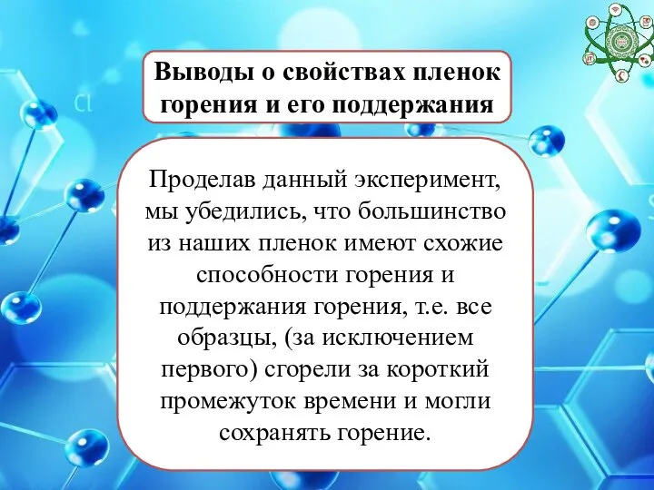 Выводы о свойствах пленок горения и его поддержания Проделав данный эксперимент, мы