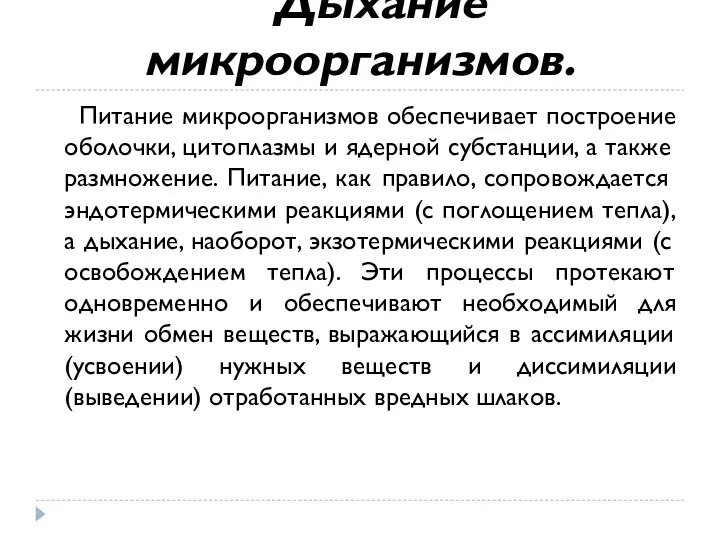 Дыхание микроорганизмов. Питание микроорганизмов обеспечивает построение оболочки, цитоплазмы и ядерной субстанции, а