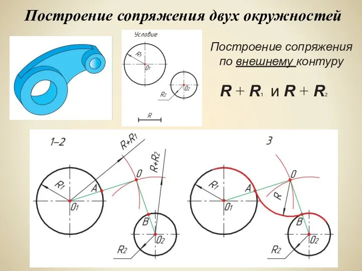 Построение сопряжения двух окружностей Построение сопряжения по внешнему контуру R + R1 и R + R2