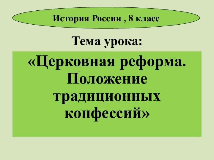 Тема урока: «Церковная реформа. Положение традиционных конфессий» История России , 8 класс