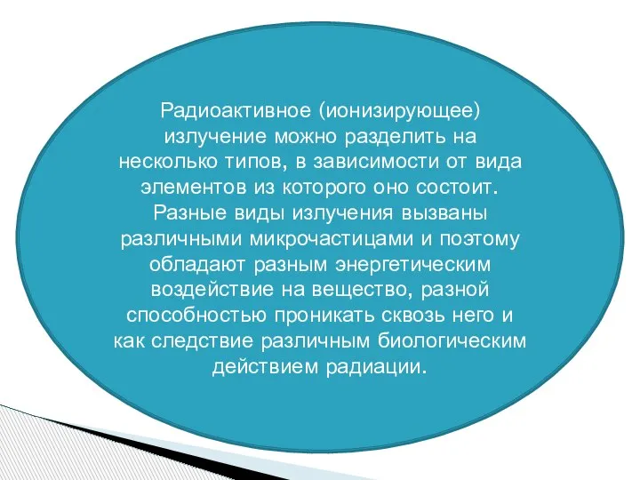 Радиоактивное (ионизирующее) излучение можно разделить на несколько типов, в зависимости от вида