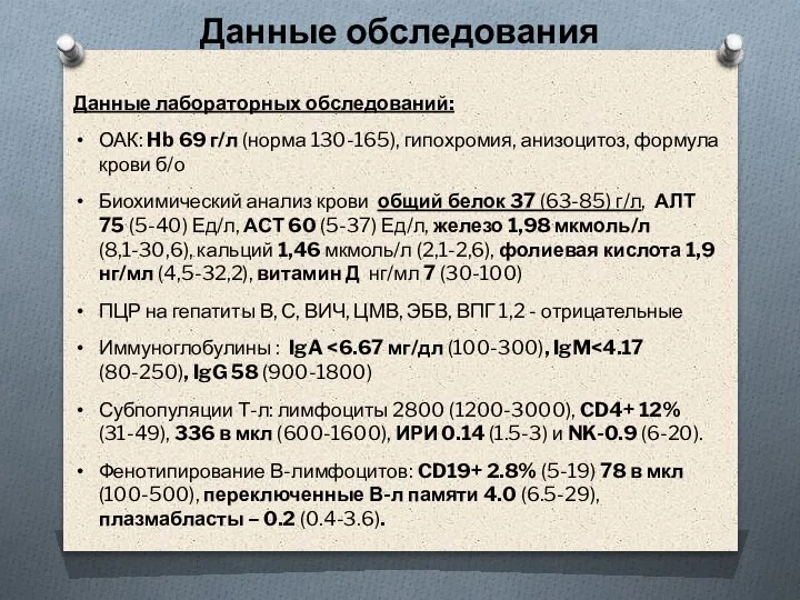 Данные обследования Данные лабораторных обследований: ОАК: Hb 69 г/л (норма 130-165), гипохромия,