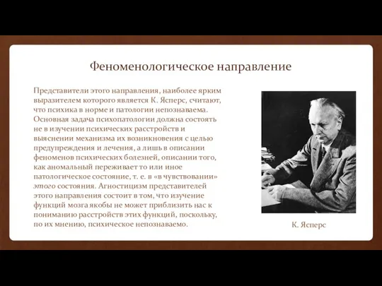 Феноменологическое направление Представители этого направ­ления, наиболее ярким выразителем которого является К. Ясперс,