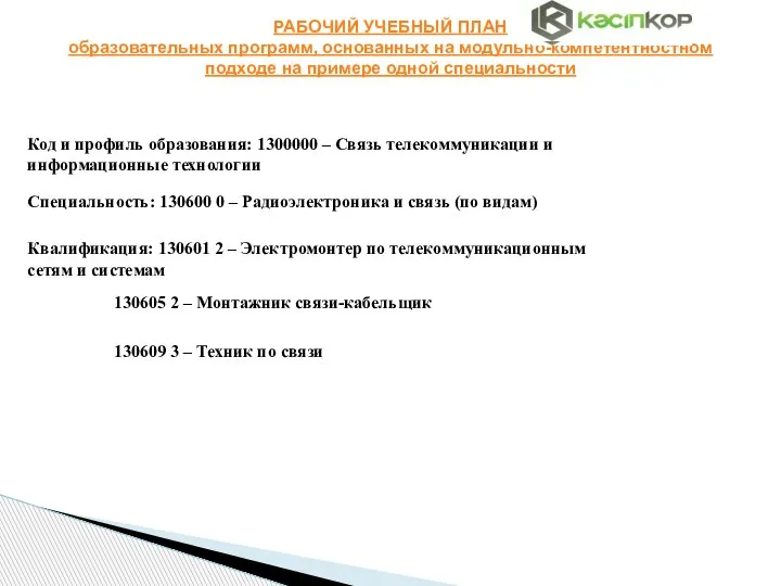 РАБОЧИЙ УЧЕБНЫЙ ПЛАН образовательных программ, основанных на модульно-компетентностном подходе на примере одной специальности