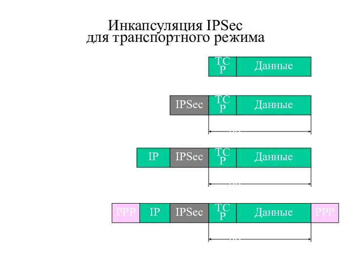 Инкапсуляция IPSec для транспортного режима Данные ТСР Данные ТСР IPSec Зашифровано IP