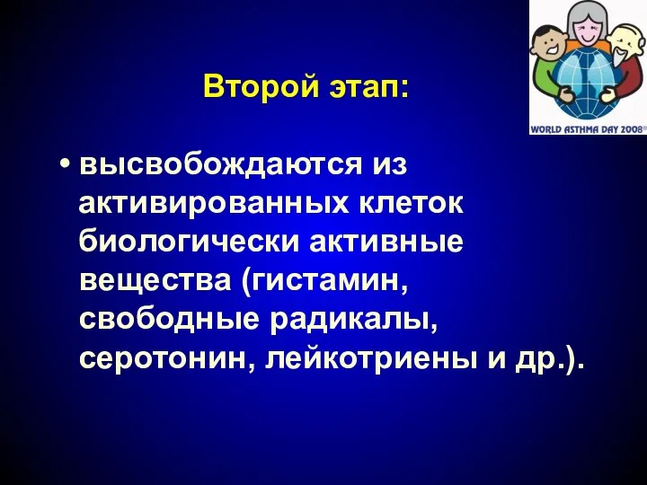 Второй этап: высвобождаются из активированных клеток биологически активные вещества (гистамин, свободные радикалы, серотонин, лейкотриены и др.).