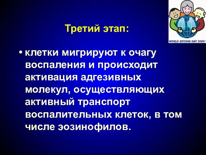 Третий этап: клетки мигрируют к очагу воспаления и происходит активация адгезивных молекул,