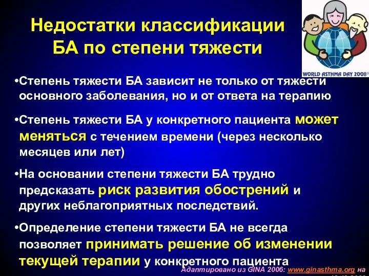 Недостатки классификации БА по степени тяжести Адаптировано из GINA 2006: www.ginasthma.org на