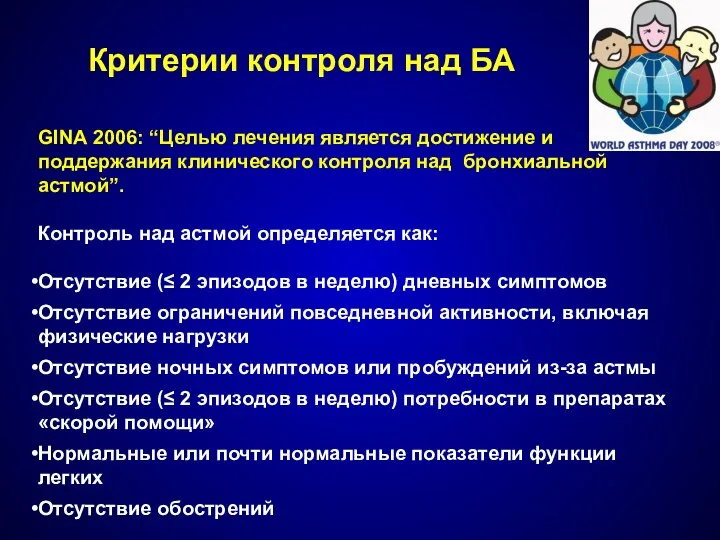 Критерии контроля над БА GINA 2006: “Целью лечения является достижение и поддержания