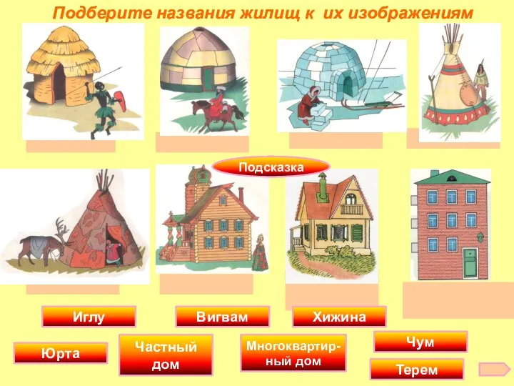 Подберите названия жилищ к их изображениям Хижина Юрта Терем Чум Частный дом
