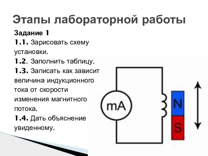 Задание 1 1.1. Зарисовать схему установки. 1.2. Заполнить таблицу. 1.3. Записать как