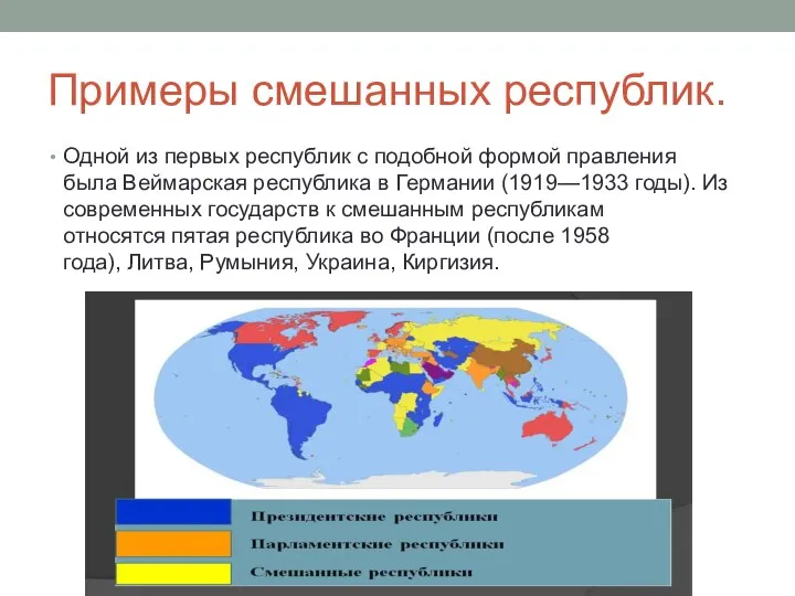 Примеры смешанных республик. Одной из первых республик с подобной формой правления была