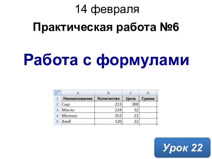 Работа с формулами Практическая работа №6 Урок 22 14 февраля 2022 г.