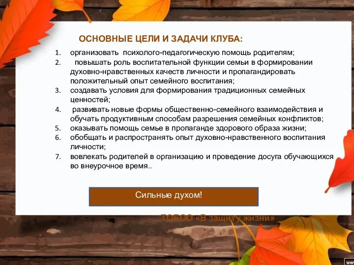 ОСНОВНЫЕ ЦЕЛИ И ЗАДАЧИ КЛУБА: ТОБОО «В защиту жизни» Сильные духом! организовать