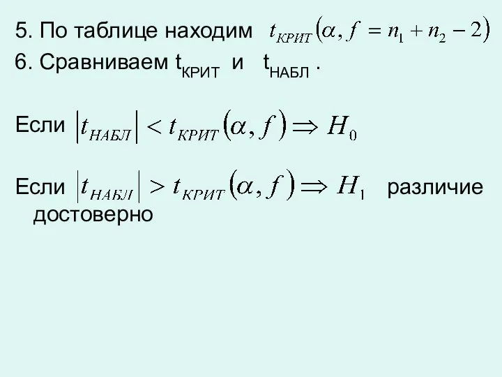 5. По таблице находим 6. Сравниваем tКРИТ и tНАБЛ . Если Если различие достоверно