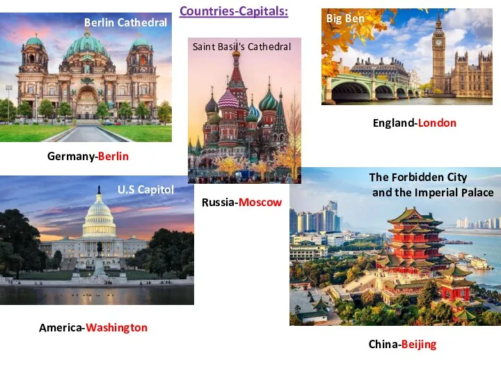 Countries-Capitals: Germany-Berlin England-London America-Washington China-Beijing Russia-Moscow Berlin Cathedral Big Ben U.S Capitol