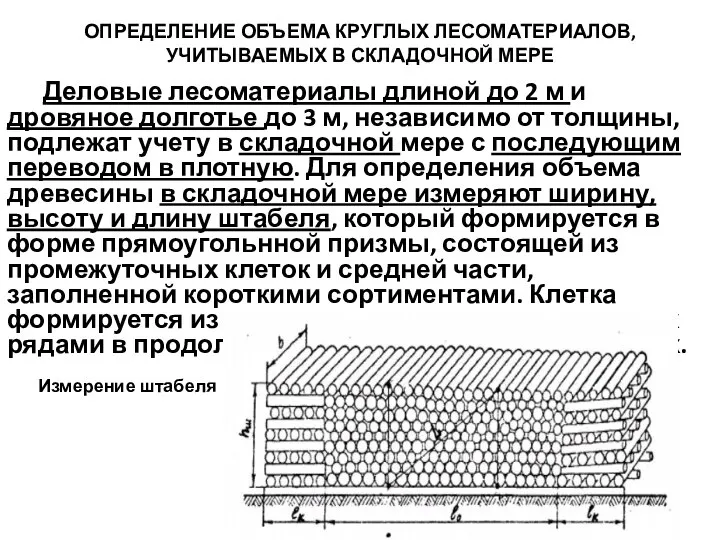 ОПРЕДЕЛЕНИЕ ОБЪЕМА КРУГЛЫХ ЛЕСОМАТЕРИАЛОВ, УЧИТЫВАЕМЫХ В СКЛАДОЧНОЙ МЕРЕ Деловые лесоматериалы длиной до