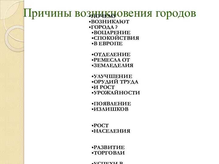 Причины возникновения городов ПОЧЕМУ ВОЗНИКАЮТ ГОРОДА ? ВОЦАРЕНИЕ СПОКОЙСТВИЯ В ЕВРОПЕ ОТДЕЛЕНИЕ