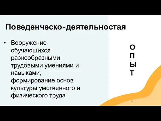 Поведенческо-деятельностая Вооружение обучающихся разнообразными трудовыми умениями и навыками, формирование основ культуры умственного