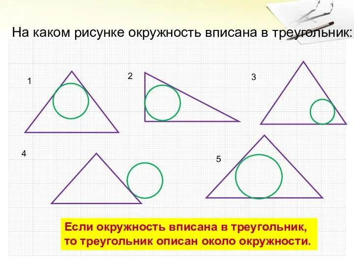 На каком рисунке окружность вписана в треугольник: 1 3 4 Если окружность