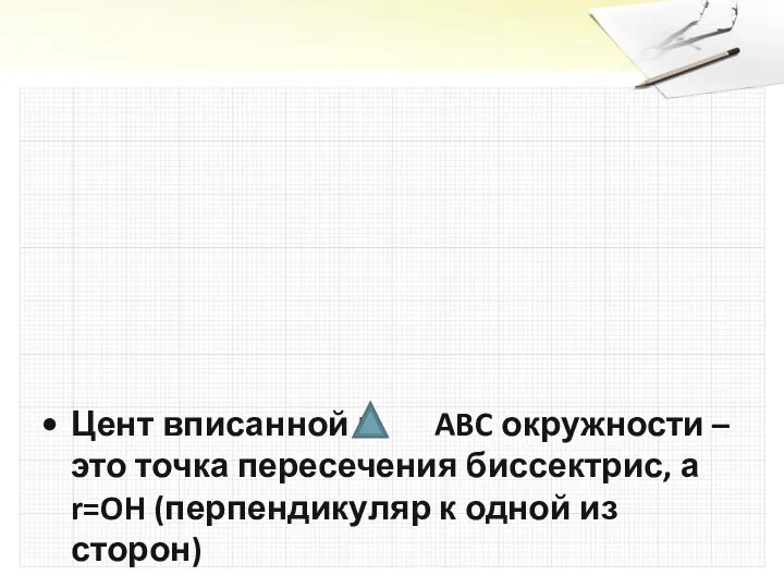 Цент вписанной в ABC окружности – это точка пересечения биссектрис, а r=OH