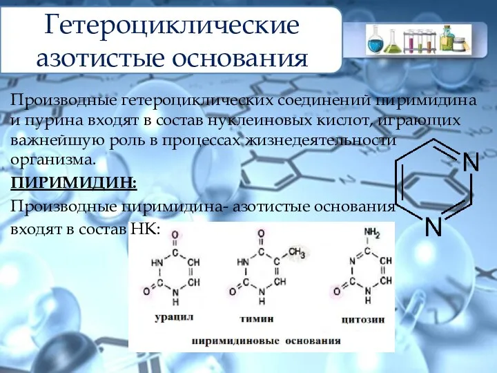 Гетероциклические азотистые основания Производные гетероциклических соединений пиримидина и пурина входят в состав