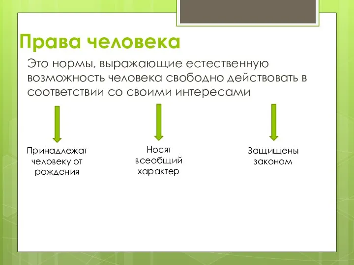 Права человека Это нормы, выражающие естественную возможность человека свободно действовать в соответствии