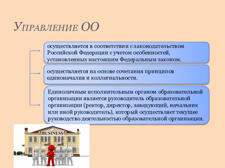 Управление ОО осуществляется в соответствии с законодательством Российской Федерации с учетом особенностей,