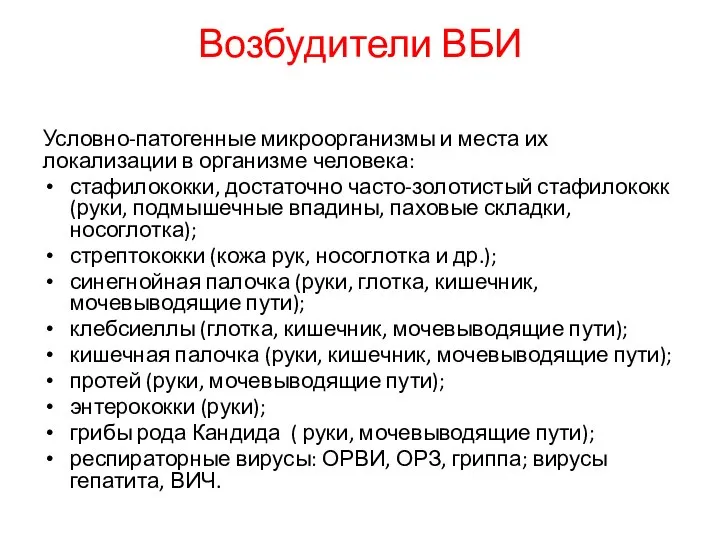 Возбудители ВБИ Условно-патогенные микроорганизмы и места их локализации в организме человека: стафилококки,