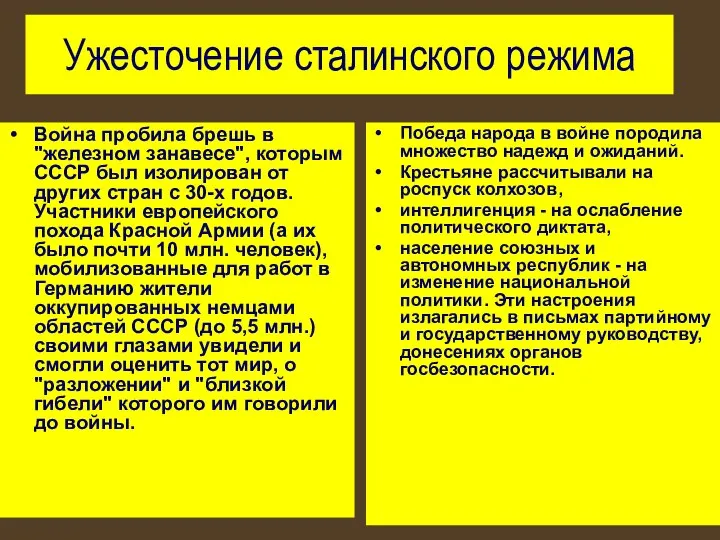 Ужесточение сталинского режима Война пробила брешь в "железном занавесе", которым СССР был