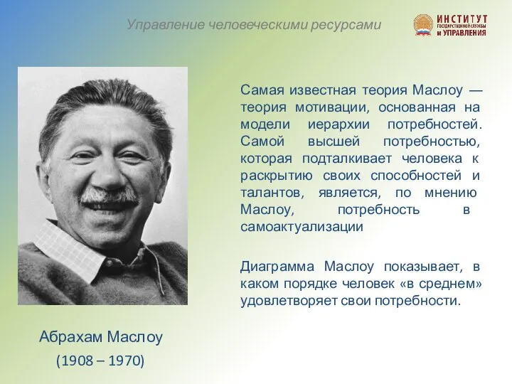 Управление человеческими ресурсами Абрахам Маслоу (1908 – 1970) Самая известная теория Маслоу