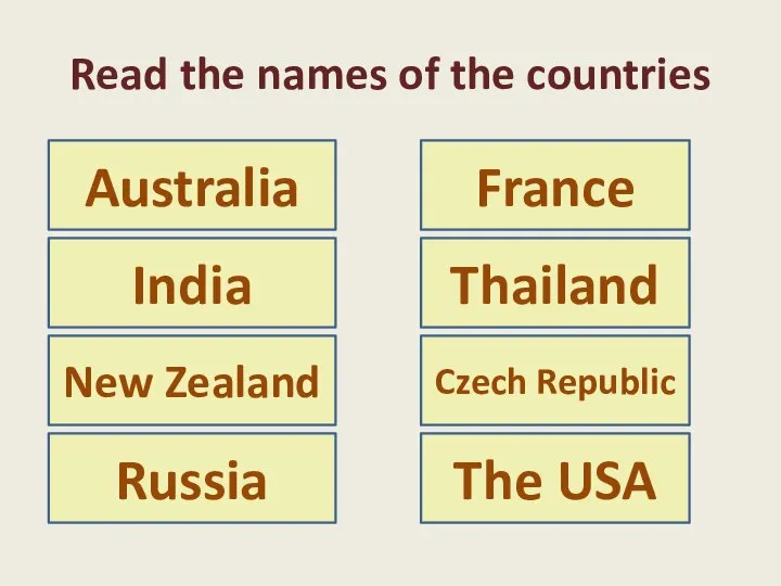 Read the names of the countries Australia India New Zealand France Thailand