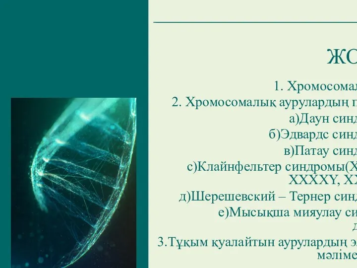 ЖОСПАР: 1. Хромосомалық аурулар 2. Хромосомалық аурулардың пайда болуы а)Даун синдромы (21+)