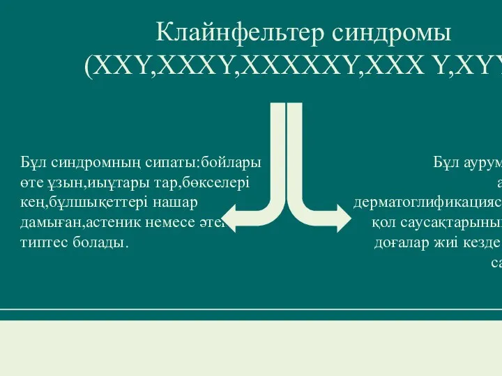 Клайнфельтер синдромы(XXY,XXXY,XXXXXY,XXX Y,XYY) Бұл синдромның сипаты:бойлары өте ұзын,иыұтары тар,бөкселері кең,бұлшықеттері нашар дамыған,астеник