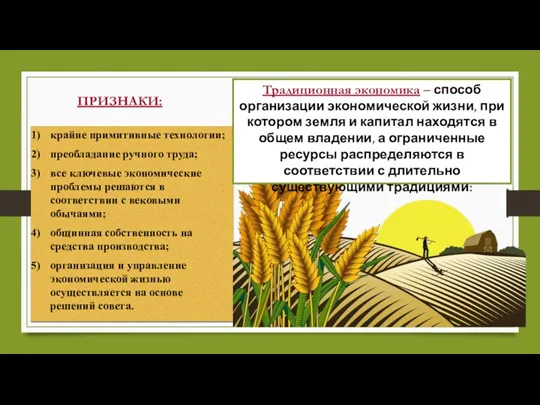 крайне примитивные технологии; преобладание ручного труда; все ключевые экономические проблемы решаются в