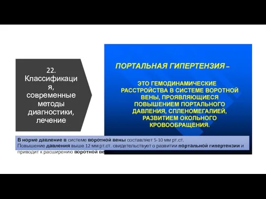 22. Классификация, современные методы диагностики, лечение В норме давление в системе воротной