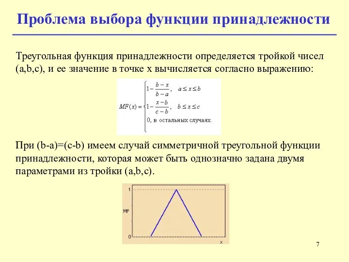 Треугольная функция принадлежности определяется тройкой чисел (a,b,c), и ее значение в точке