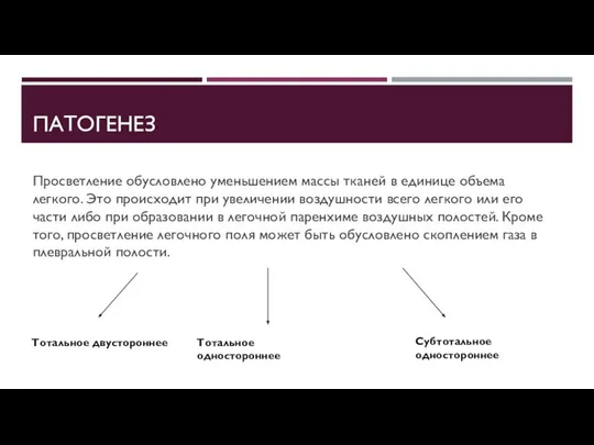 ПАТОГЕНЕЗ Просветление обусловлено уменьшением массы тканей в единице объема легкого. Это происходит