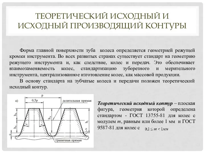 ТЕОРЕТИЧЕСКИЙ ИСХОДНЫЙ И ИСХОДНЫЙ ПРОИЗВОДЯЩИЙ КОНТУРЫ Форма главной поверхности зуба колеса определяется