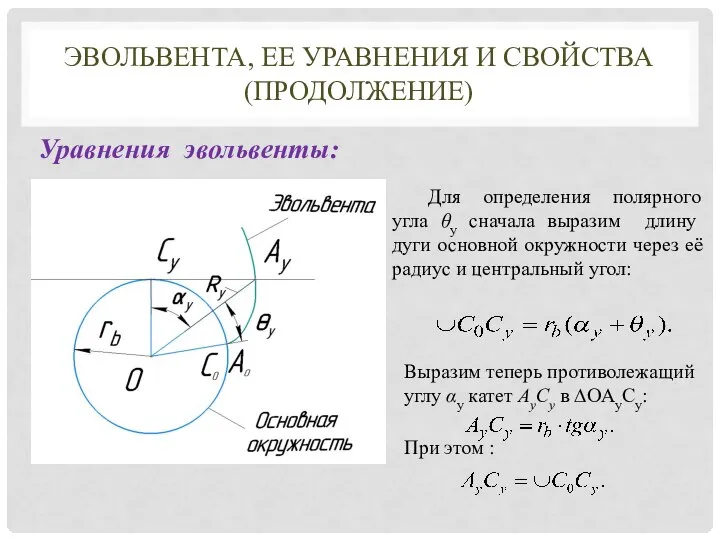 ЭВОЛЬВЕНТА, ЕЕ УРАВНЕНИЯ И СВОЙСТВА (ПРОДОЛЖЕНИЕ) Уравнения эвольвенты: Для определения полярного угла