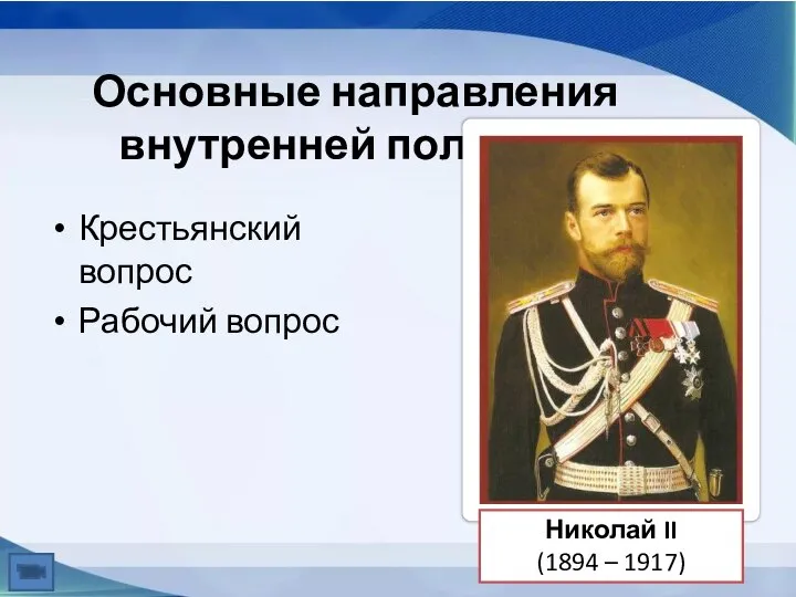 Основные направления внутренней политики Крестьянский вопрос Рабочий вопрос Николай II (1894 – 1917)