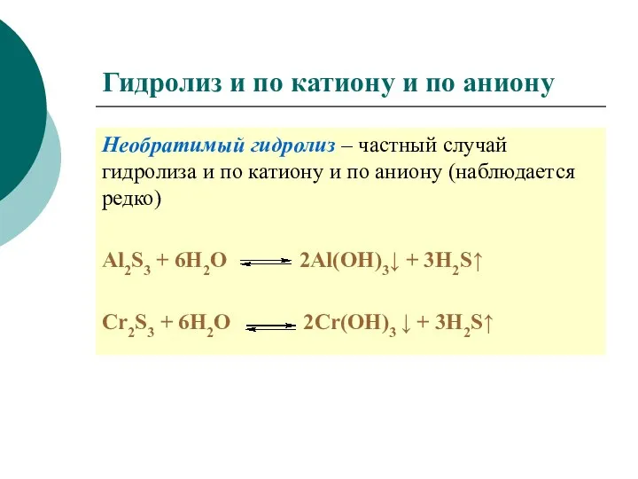 Гидролиз и по катиону и по аниону Необратимый гидролиз – частный случай