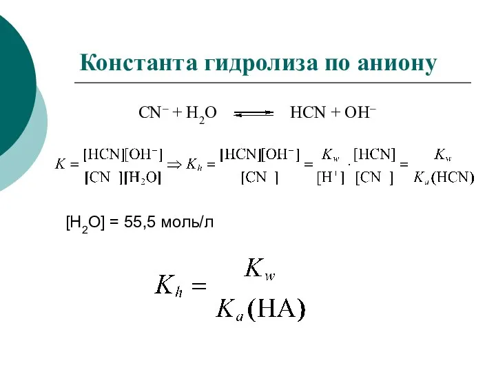 Константа гидролиза по аниону CN– + H2O HCN + OH– [H2O] = 55,5 моль/л