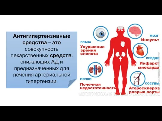 Антигипертензивные средства – это совокупность лекарственных средств, снижающих АД и предназначенных для лечения артериальной гипертензии.