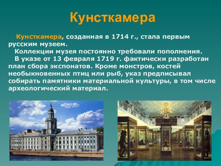 Кунсткамера Кунсткамера, созданная в 1714 г., стала первым русским музеем. Коллекции музея