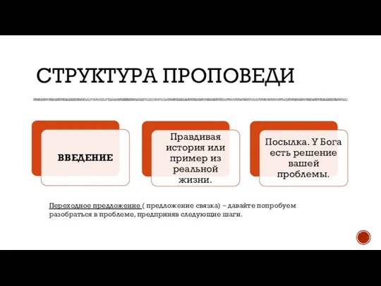 СТРУКТУРА ПРОПОВЕДИ Переходное предложение ( предложение связка) – давайте попробуем разобраться в проблеме, предприняв следующие шаги.